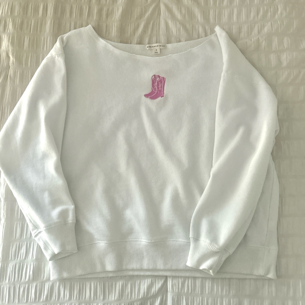 Aeropostale White Crewneck Sweatshirt with Pink Boot Motif